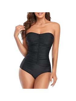Smismivo Women's Strapless One Piece Swimsuit Retro Ruched Bandeau Swimwear Sexy Slimming Vintage Tube Top Bathing Suit