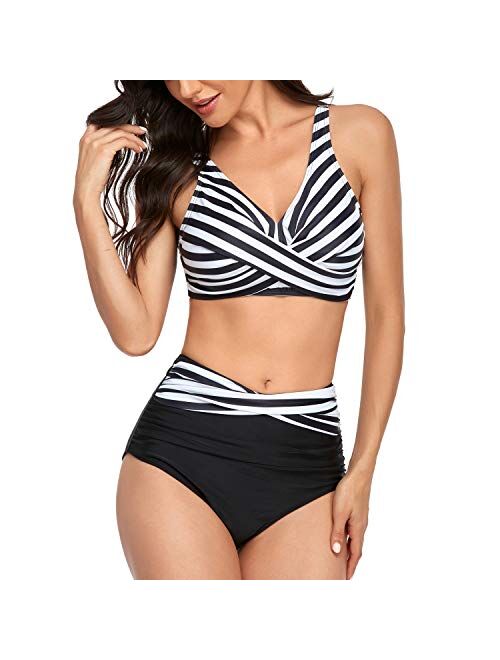 Smismivo Women's Two Piece Tummy Control Swimsuit Ruched High Waisted Bathing Suit with Vintage Bikini Top Swimwear