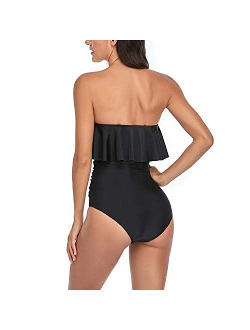 Smismivo Flounce Strapless Swimsuits for Women Bandeau Ruched Ruffle Bathing Suits One Piece Tummy Control Slimming Swimwear