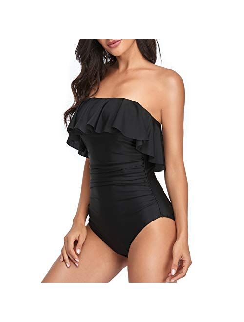 Smismivo Flounce Strapless Swimsuits for Women Bandeau Ruched Ruffle Bathing Suits One Piece Tummy Control Slimming Swimwear