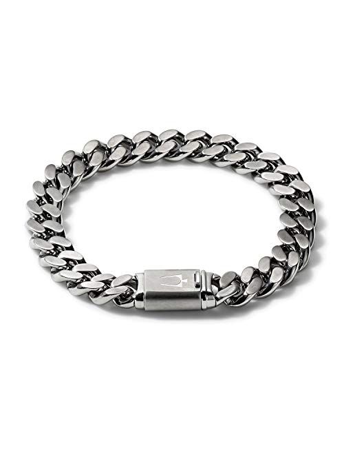 Bulova Mens Classic Stainless Steel Chain Link Bracelet with Brushed Signature Clasp (Model J96B016M), Silver-Tone