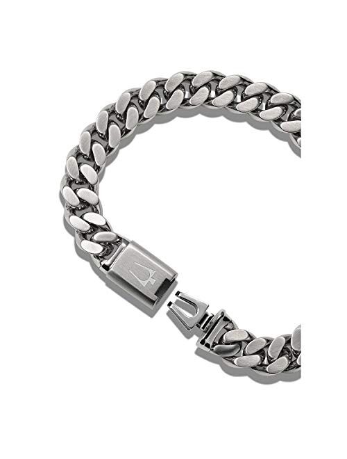 Bulova Mens Classic Stainless Steel Chain Link Bracelet with Brushed Signature Clasp (Model J96B016M), Silver-Tone