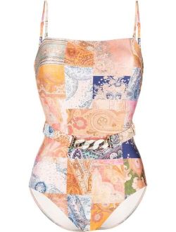 patchwork belted swimsuit