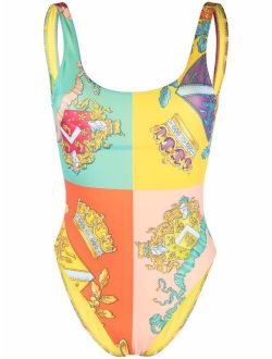 crest-print panelled swimsuit