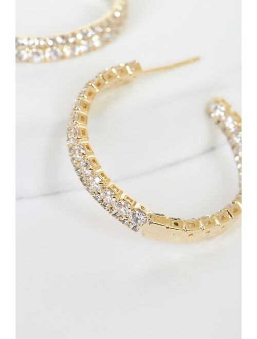 Lulus Oh My Elegance Gold Rhinestone Hoop Earrings