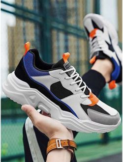 Men Color Block Letter Patch Decor Lace-up Front Chunky Sneakers