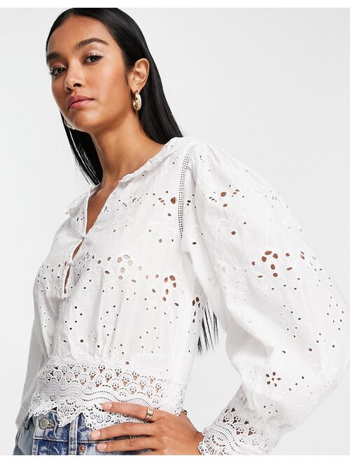 French Connection long sleeve blouse in delicate broderie