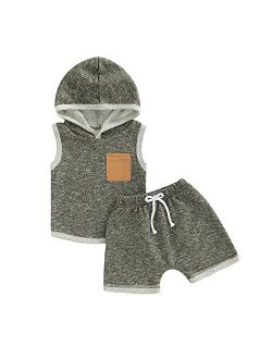Bemeyourbbs Baby Boy Summer Outfit Hooded Tank Top with Pocket and Elastic Waist Shorts Set Infant Boy Clothes