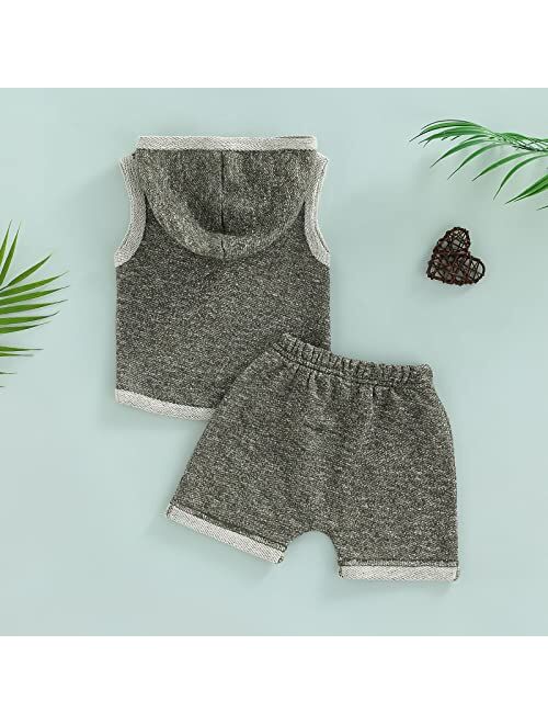 Bemeyourbbs Baby Boy Summer Outfit Hooded Tank Top with Pocket and Elastic Waist Shorts Set Infant Boy Clothes