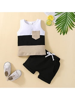 Hoanselay Toddler Infant Baby Boy Summer Shorts Set Sleeveless Striped Tank Tops T Shirt and Solid Shorts Outfit Clothes