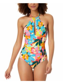 Women's Plumeria High-Neck One-Piece Keyhole Swimsuit