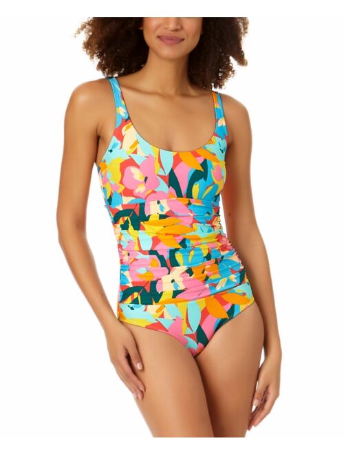 Anne Cole Women's Printed Plumeria Scoop-Neck Shirred One-Piece Swimsuit