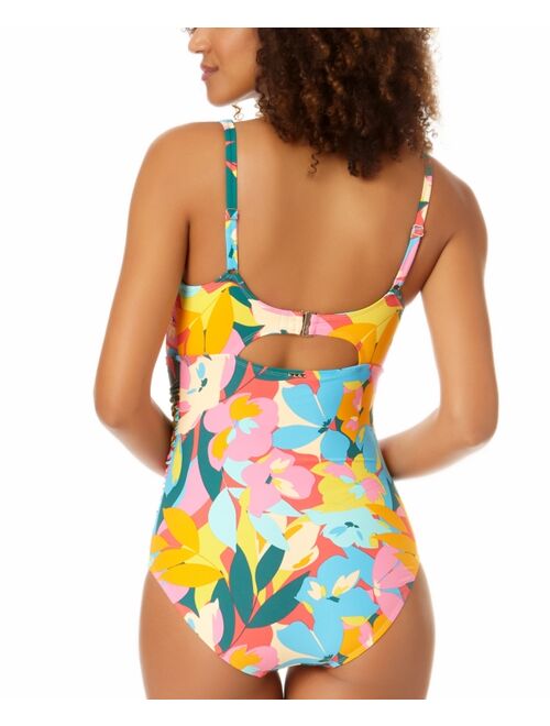 Anne Cole Women's Printed Plumeria Scoop-Neck Shirred One-Piece Swimsuit