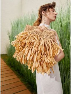 Fringe Decor Braided Design Straw Bag