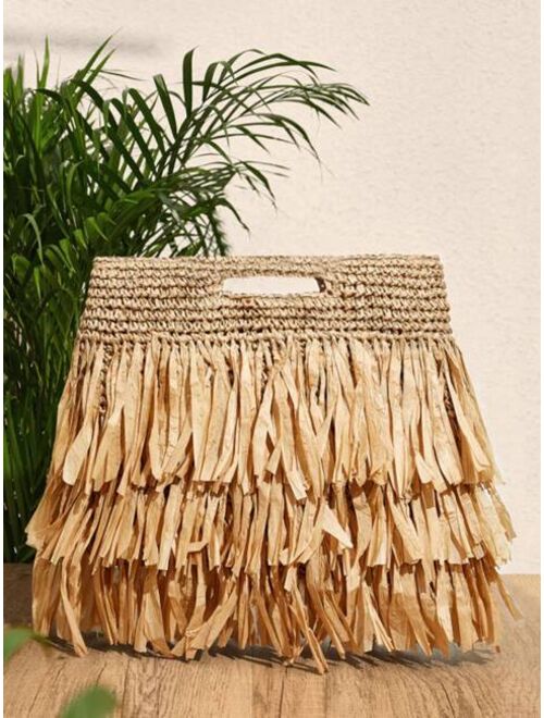 Shein Fringe Decor Braided Design Straw Bag