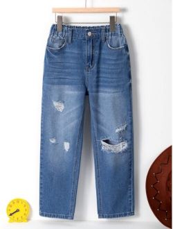 Boys Cut Out Ripped Frayed Straight Leg Jeans