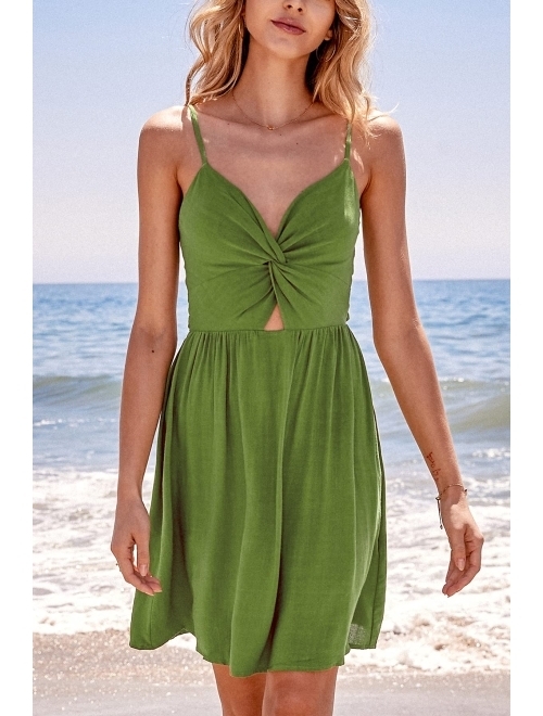 CUPSHE Smocked Slip Mini Dress for Women Summer Beach Dress Spaghetti Strap Cut Out V Neck Short Length