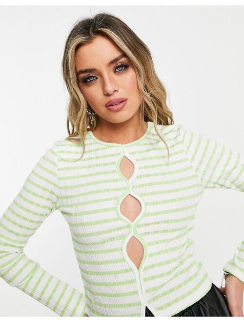 Topshop front cut-out striped long sleeve top in green and white