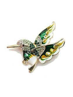 bobauna Green Enamel Hummingbird Rhinestone Crystal Brooch Pin Wild Animal Nature Jewelry Hummingbird Gift for Women Girls
