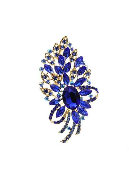YOQUCOL Vintage Blue Austrian Crystal Rhinestone Leaf Shape Big Large Brooch Pin for Women Girls