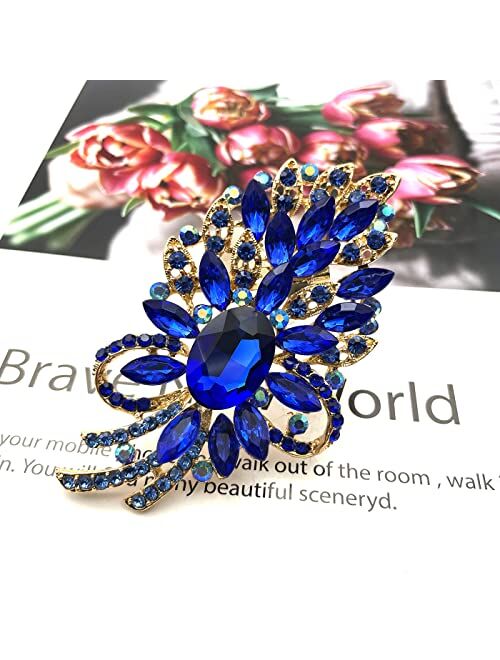 YOQUCOL Vintage Blue Austrian Crystal Rhinestone Leaf Shape Big Large Brooch Pin for Women Girls