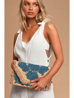 Island Vacation Tan and Blue Beaded Embroidered Clutch