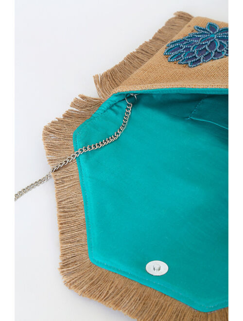 Lulus Island Vacation Tan and Blue Beaded Embroidered Clutch