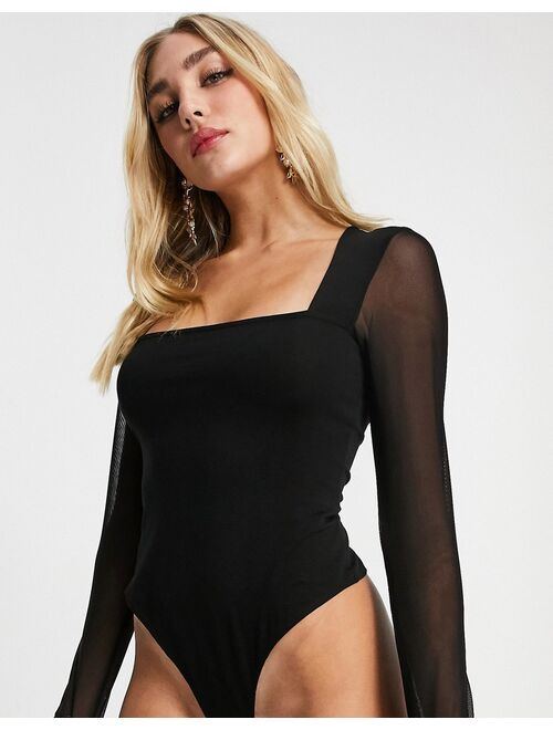 ASOS DESIGN mesh sleeve square neck bodysuit in black