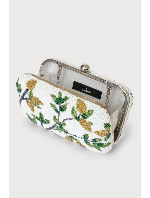 Lulus Tour of Blooms White and Yellow Beaded Clutch