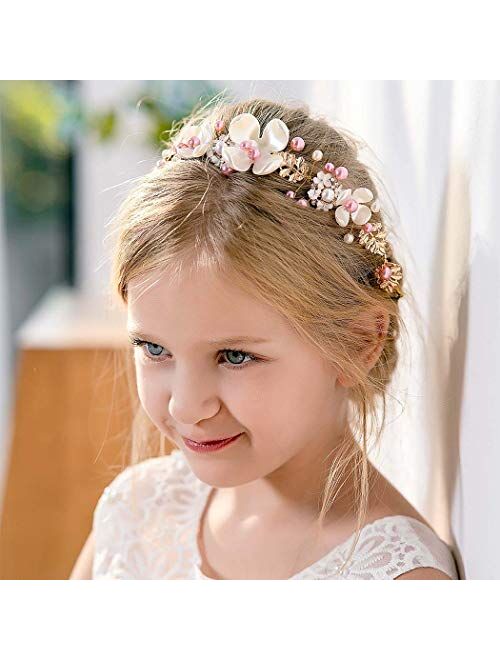 Campsis Flower Girl Headpice Princess Pearl Floral Headband Handmade Alloy Leaf Lovely Girls Hair Accessories Bridal Bride Communion Wedding Prom Party Photography for Gi