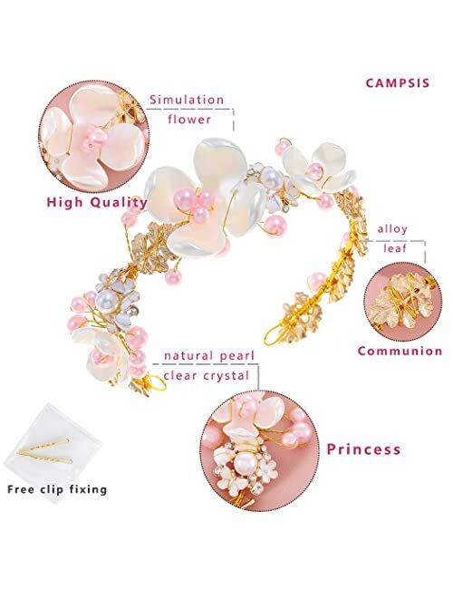Campsis Flower Girl Headpice Princess Pearl Floral Headband Handmade Alloy Leaf Lovely Girls Hair Accessories Bridal Bride Communion Wedding Prom Party Photography for Gi