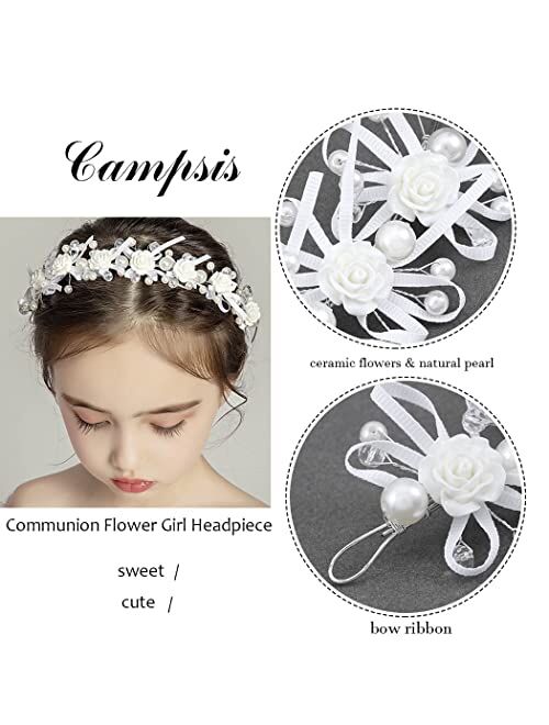 Campsis Communion Princess Flower Headpiece White Crystal Pearl Headband Floarl Bridal Bride Hair Accessories Birthday Party Wedding Porm Photography for Girls and Women