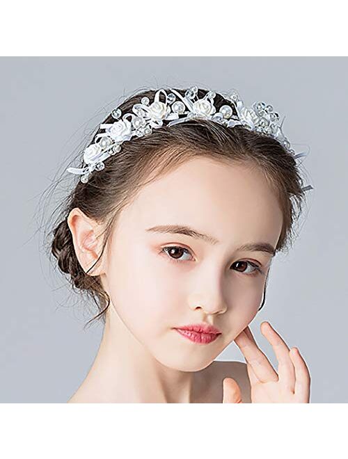 Campsis Communion Princess Flower Headpiece White Crystal Pearl Headband Floarl Bridal Bride Hair Accessories Birthday Party Wedding Porm Photography for Girls and Women