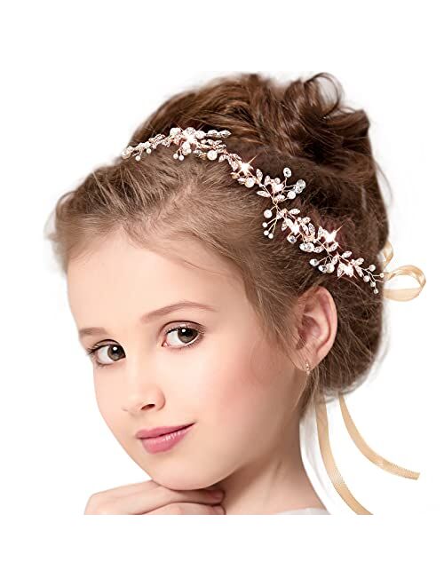 Warmartter Wedding Hair Accessories for Kids, Gold Crystal Headpiece with Flower Headband Hair Jewelry Accessories for Girls Bridal Bride Bridesmaid Wedding Birthday Part