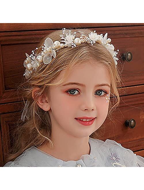 Campsis Princess Flower Crystal Headpiece Rhinestone Pearl Headband Alloy Floral Bridal Hair Accessories Communion Wedding Prom Photography for Girls and Women (Gold)