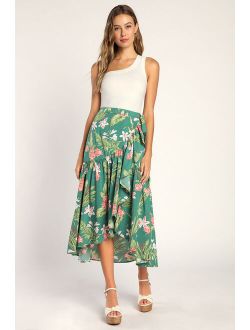 Blissful Vacation Green Tropical Print High-Low Wrap Maxi Skirt