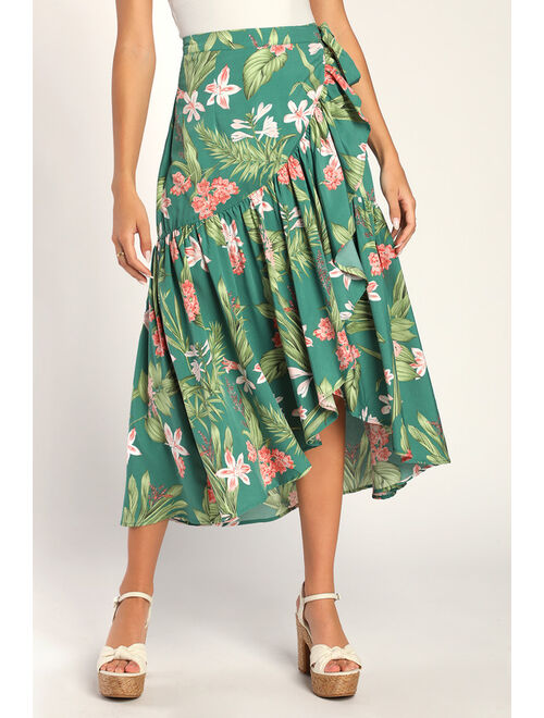 Lulus Blissful Vacation Green Tropical Print High-Low Wrap Maxi Skirt