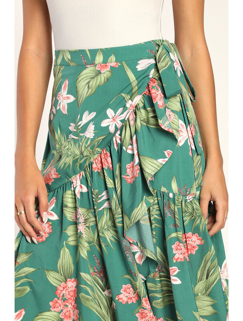 Lulus Blissful Vacation Green Tropical Print High-Low Wrap Maxi Skirt
