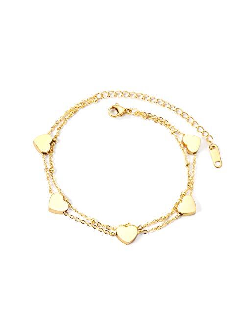 Lazara 18k Gold Plated Dainty Double Layer Heart Anklets (S - XL Ankle Size) Matching Mommy & Me Women and Girls Anklet Gold-Plated Stainless-Steel Lobster Clasp Foot Jew