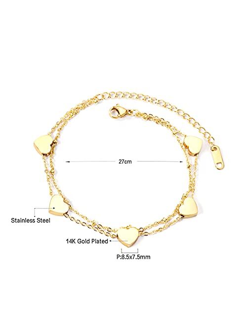 Lazara 18k Gold Plated Dainty Double Layer Heart Anklets (S - XL Ankle Size) Matching Mommy & Me Women and Girls Anklet Gold-Plated Stainless-Steel Lobster Clasp Foot Jew