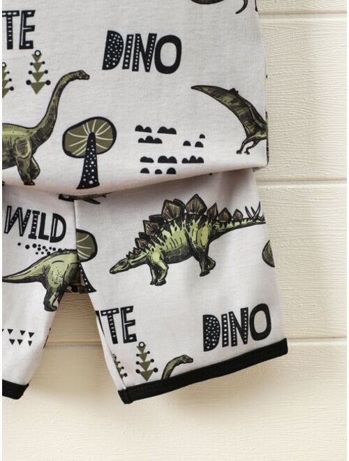 Shein Boys Letter & Dinosaur Print Ringer Tee & Shorts Snug Fit PJ Set