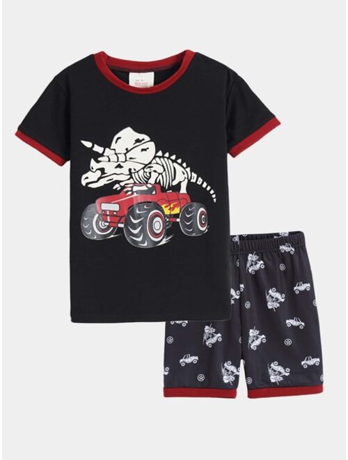 Shein Boys Car & Dinosaur Print Snug Fit PJ Set