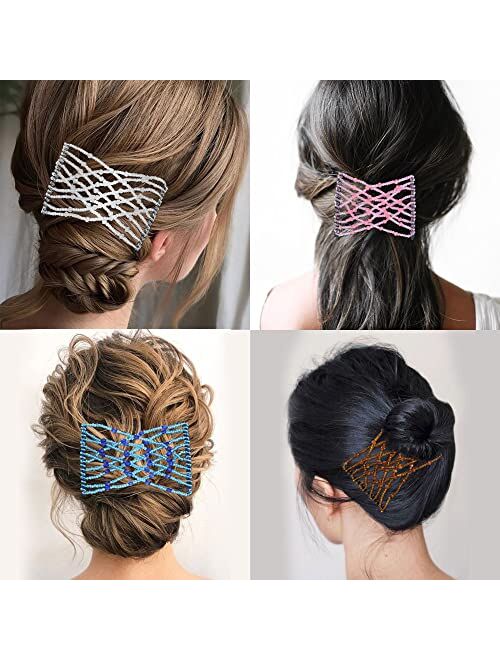 Aethland 6 Pieces Magic Hair Comb Elastic Beaded Hair Clips Women Stretchy Bride Double Slides Hairpins Combs for Women Ladies Girls DIY Hair Styling Accessories