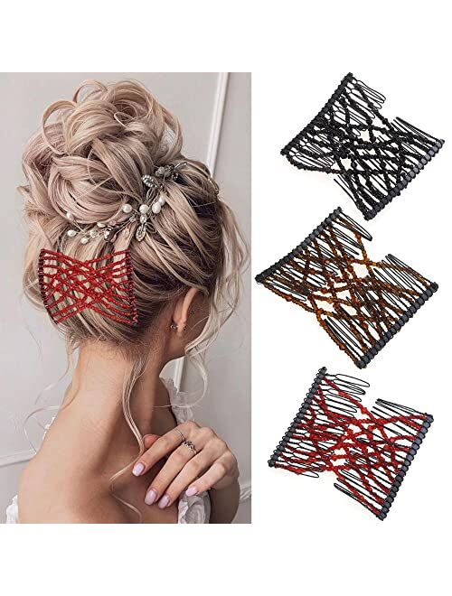 Aethland 6 Pieces Magic Hair Comb Elastic Beaded Hair Clips Women Stretchy Bride Double Slides Hairpins Combs for Women Ladies Girls DIY Hair Styling Accessories