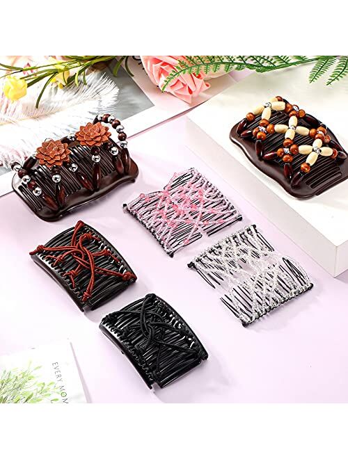 Bbto 6 Pieces Magic Hair Combs Stretchy Double Comb Hair Clip Magic Beaded Double Stretching Combs Double Slides Hair Combs Magic Elastic Hair Clips for Women Ladies Girl