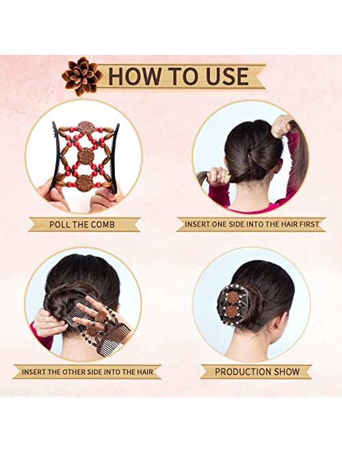 Yeshan Magic Hair Side Combs for Women Wood Beaded Stretch Double Hair Side Combs Clips Bun Maker Hair Accessories,Pack of 6
