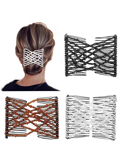 6 Pcs Magic Hair Combs, Youthful Vintage Stretch Beaded Hair Combs Elastic Pearls Hair Clips Stretchy Bead Hairpins Double Slides Hair Combs for Women Ladies Girls DIY Ha