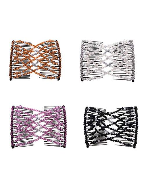 LOVEF 4Pcs Fashion Magic Beads Elasticity Double Hair Comb Clip Stretchy Hair Combs Clips