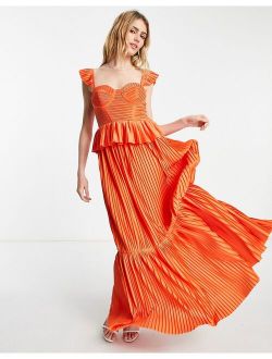corset detail pleated tiered maxi dress in orange