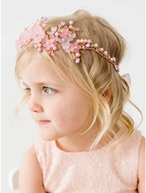 SWEETV Flower Girl Headpiece Pink Flower Crown for Girls Toddler Kids Wedding Headband Princess Hair Accessory for Birthday Party, Photography